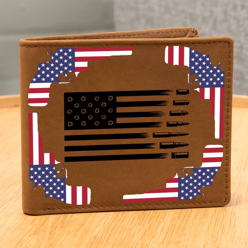 Guns, Bullets and the USA Flag on a genuine leather wallet, Great 4th July Gift, patriotic gifts, Armed Forces or Birthday