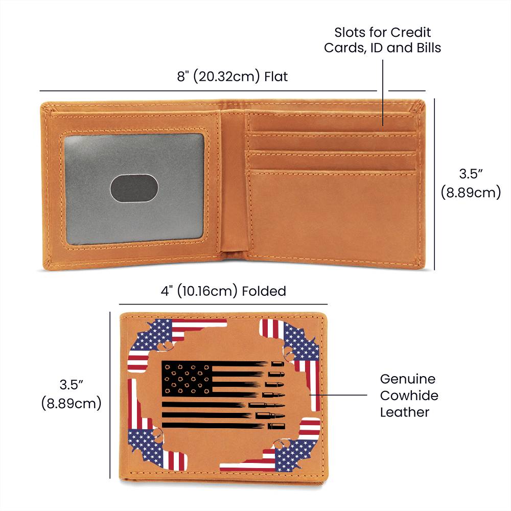 Guns, Bullets and the USA Flag on a genuine leather wallet, Great 4th July Gift, patriotic gifts, Armed Forces or Birthday