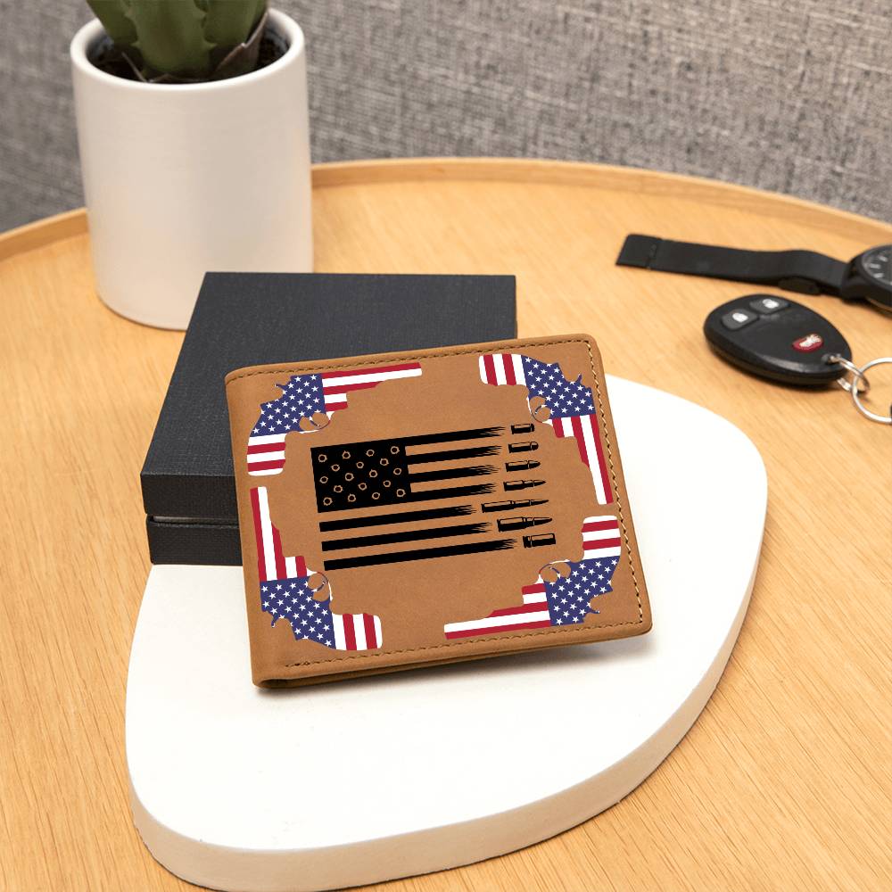 Guns, Bullets and the USA Flag on a genuine leather wallet, Great 4th July Gift, patriotic gifts, Armed Forces or Birthday