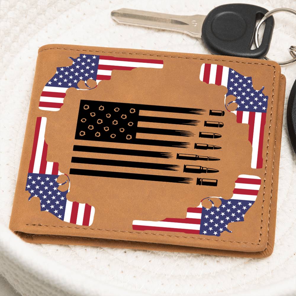 Guns, Bullets and the USA Flag on a genuine leather wallet, Great 4th July Gift, patriotic gifts, Armed Forces or Birthday