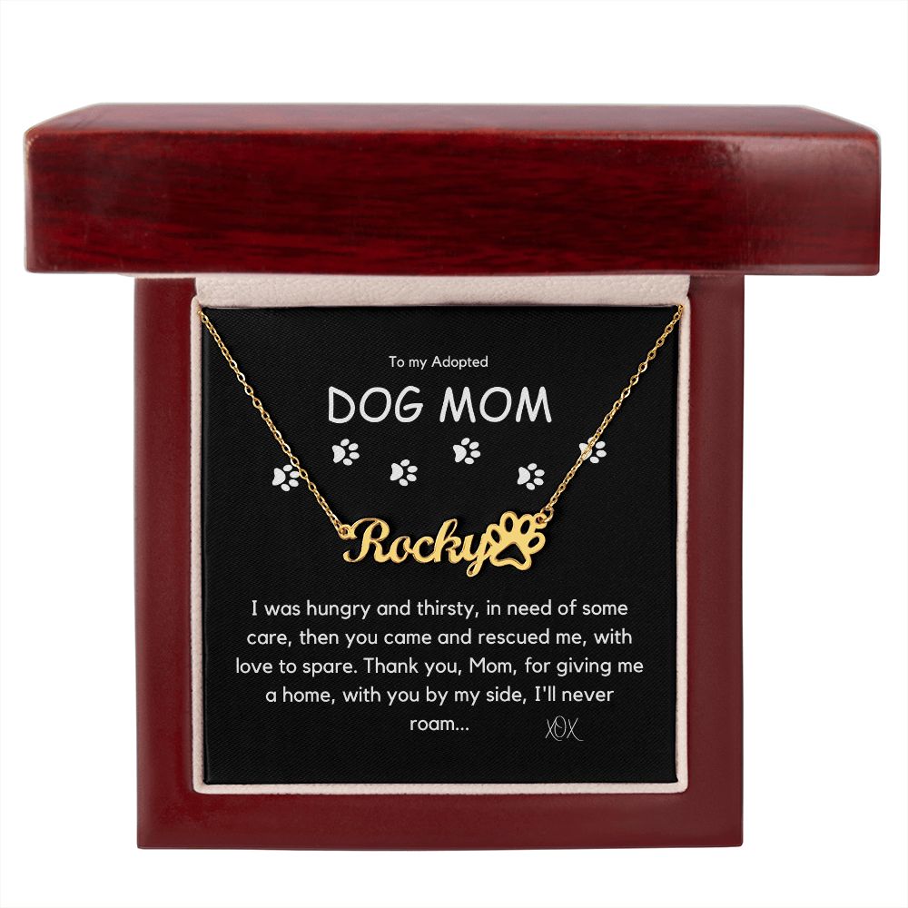 Adopted Dog Mom - Personalized Name Necklace with Pet Paw, 14k Yellow Gold finish