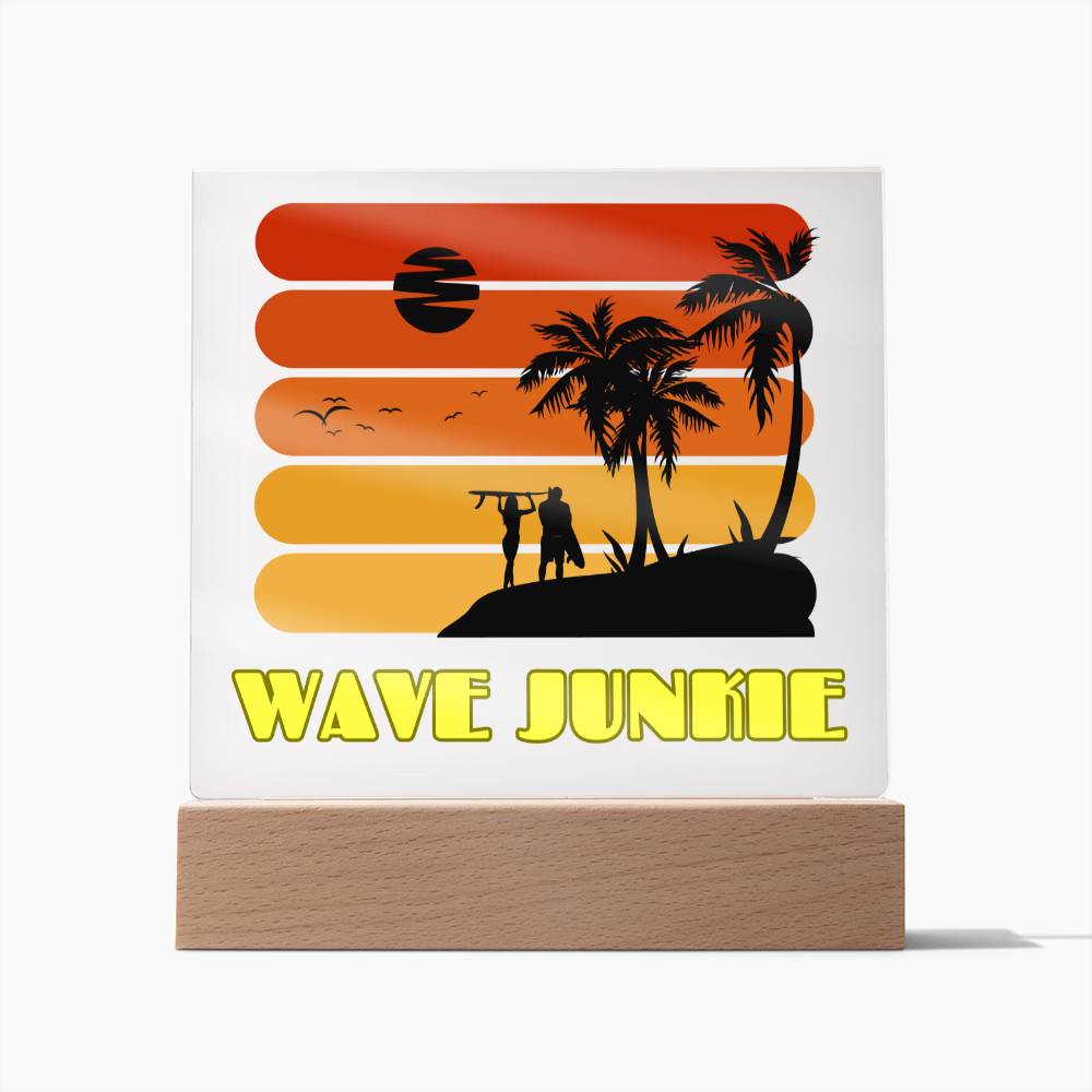 Wave Junkie - Beach, Sun, Sand and Surf Themed LED Acrylic Plaque | Vibrant Keepsake for Your Bar, TV room, Porch