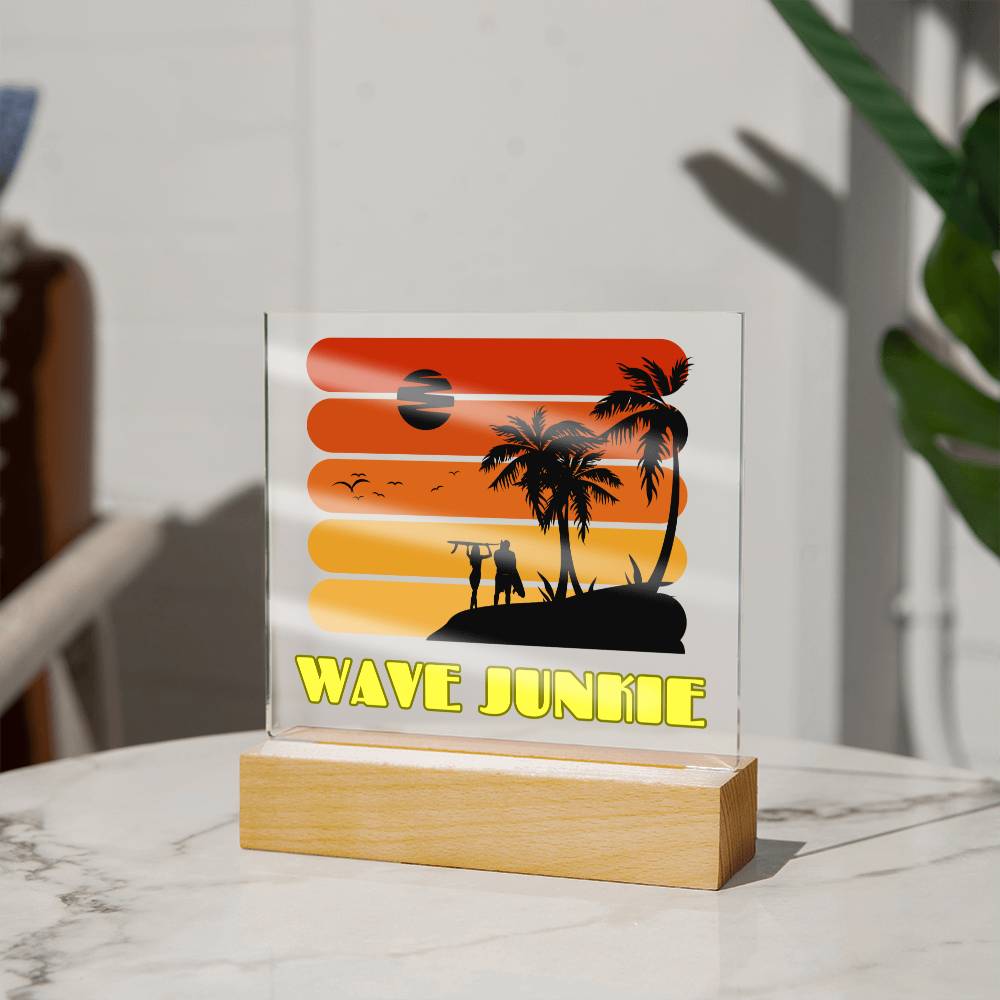 Wave Junkie - Beach, Sun, Sand and Surf Themed LED Acrylic Plaque | Vibrant Keepsake for Your Bar, TV room, Porch
