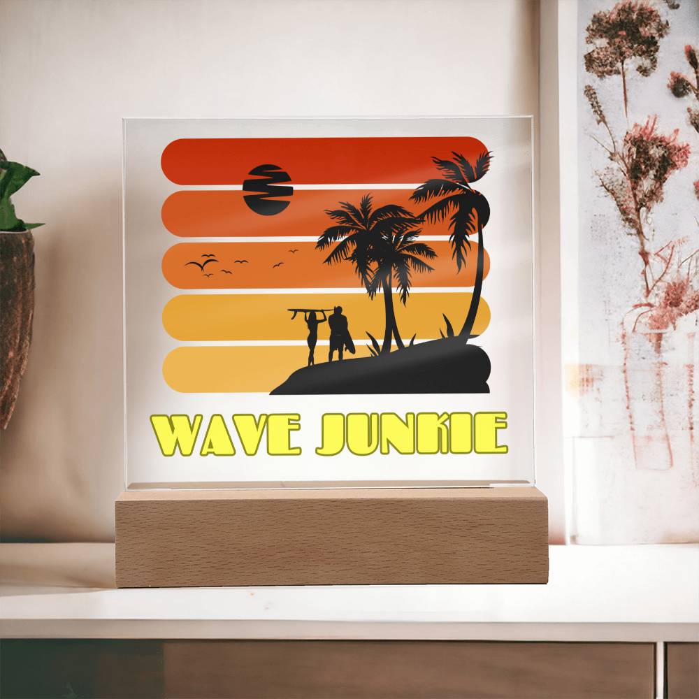 Wave Junkie - Beach, Sun, Sand and Surf Themed LED Acrylic Plaque | Vibrant Keepsake for Your Bar, TV room, Porch