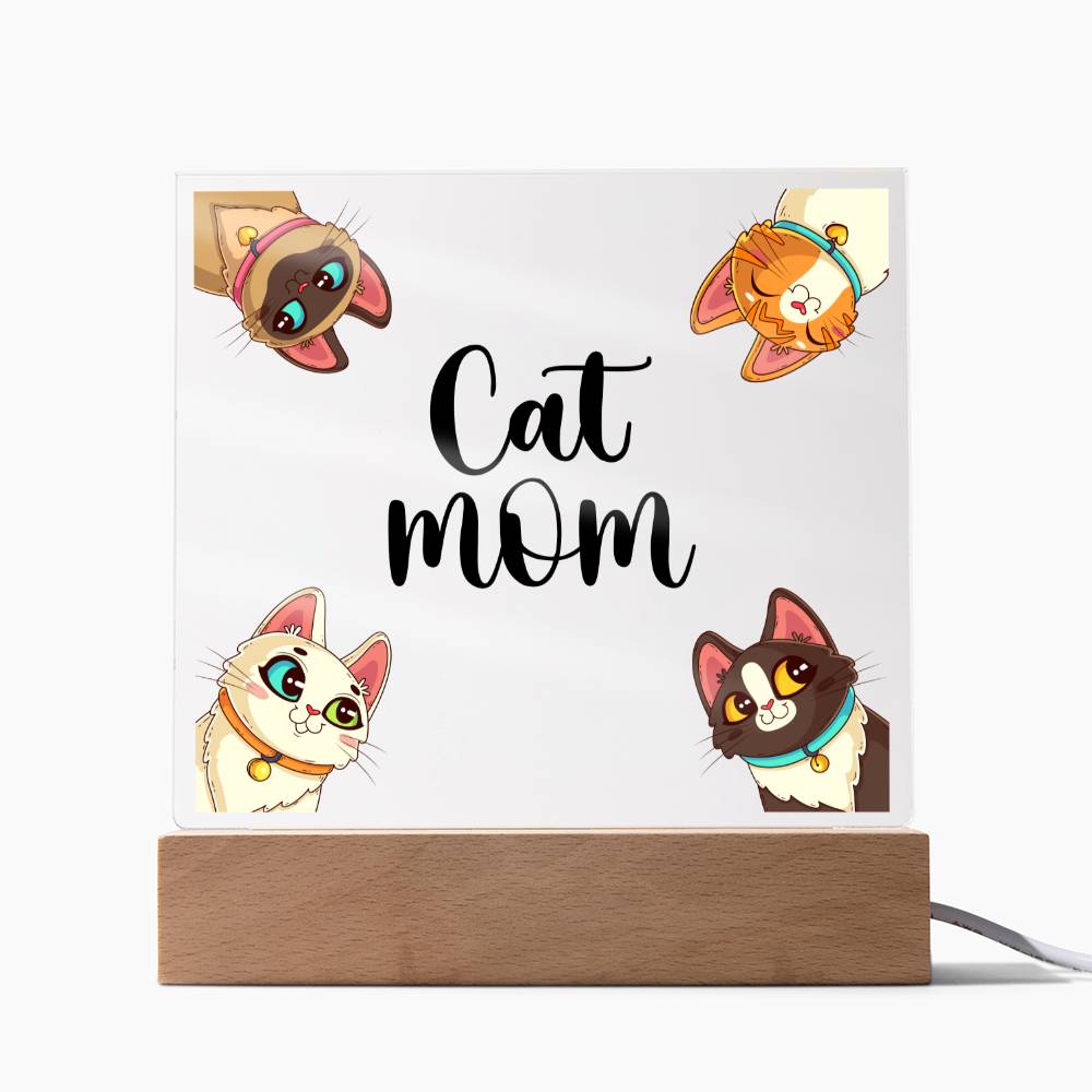 Cat Mom multi LED acrylic and wood keepsake