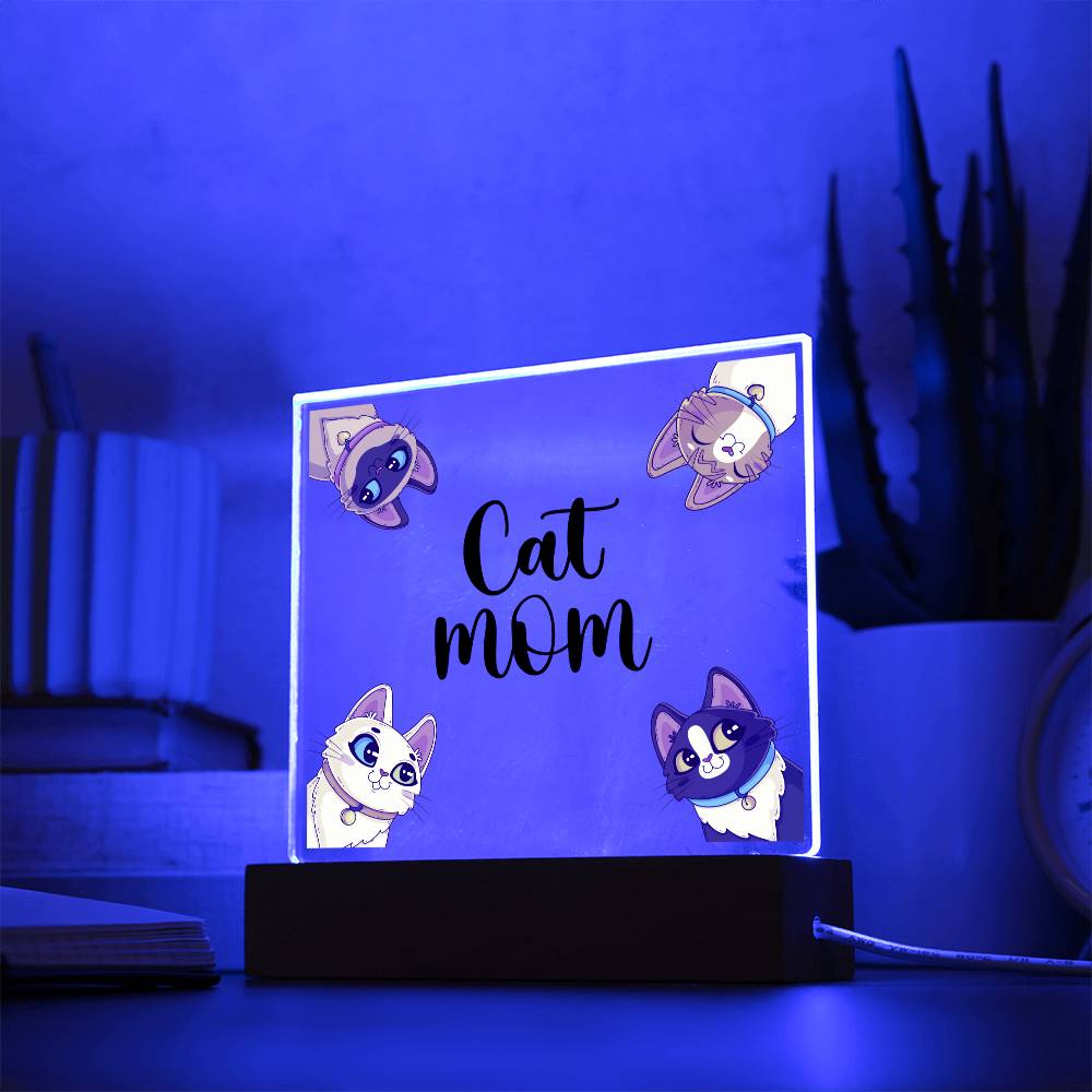 Cat Mom multi LED acrylic and wood keepsake