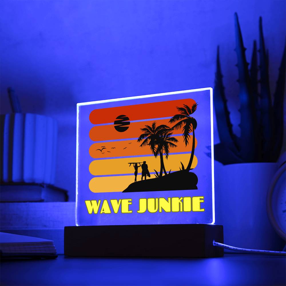 Wave Junkie - Beach, Sun, Sand and Surf Themed LED Acrylic Plaque | Vibrant Keepsake for Your Bar, TV room, Porch