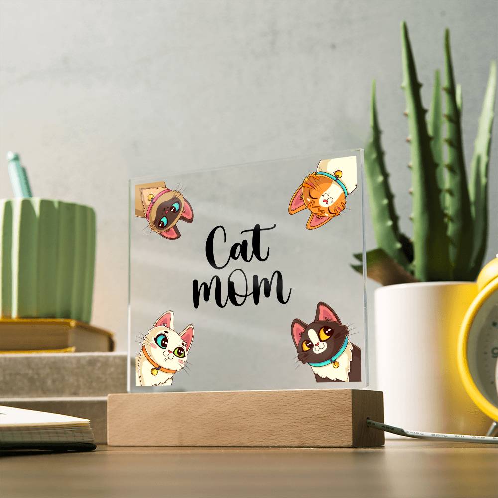 Cat Mom multi LED acrylic and wood keepsake