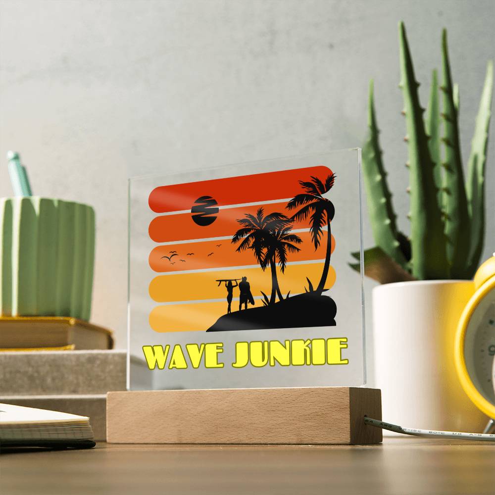 Wave Junkie - Beach, Sun, Sand and Surf Themed LED Acrylic Plaque | Vibrant Keepsake for Your Bar, TV room, Porch