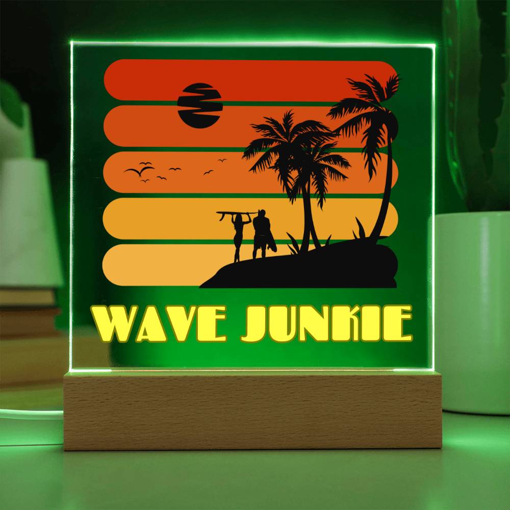Wave Junkie - Beach, Sun, Sand and Surf Themed LED Acrylic Plaque | Vibrant Keepsake for Your Bar, TV room, Porch