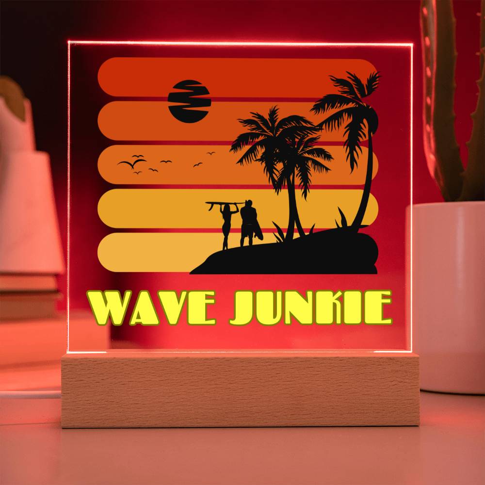 Wave Junkie - Beach, Sun, Sand and Surf Themed LED Acrylic Plaque | Vibrant Keepsake for Your Bar, TV room, Porch