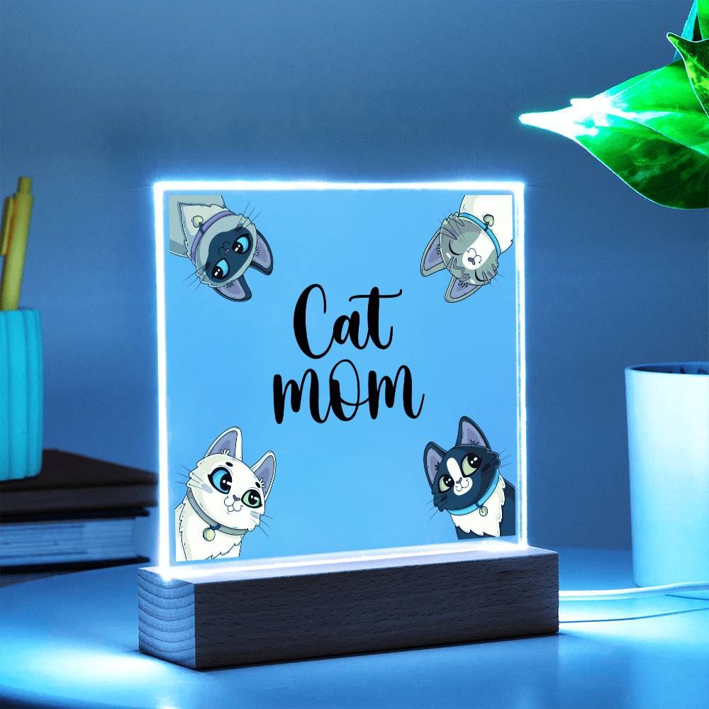 Cat Mom multi LED acrylic and wood keepsake