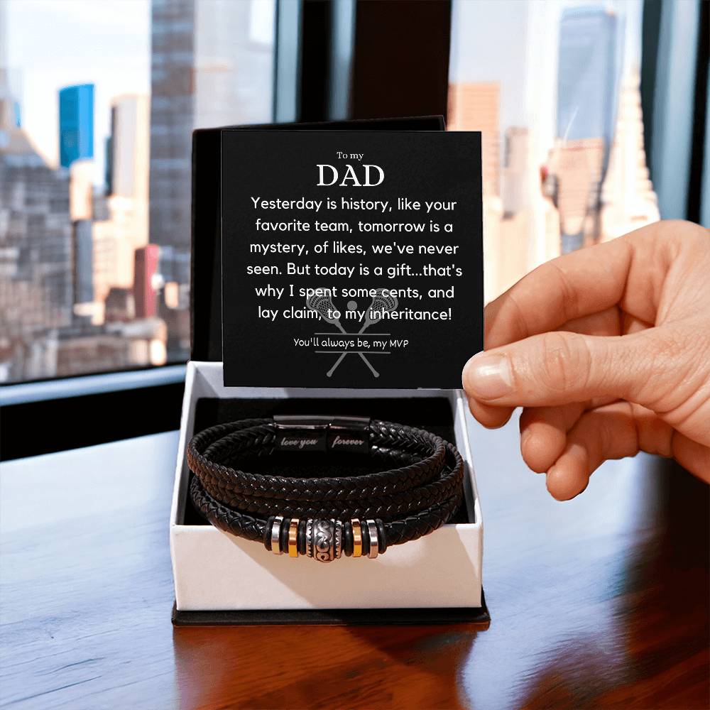 Stylish Personalized Dad Birthday Gift - Engraved Stainless Steel and Leather Bracelet with Heartfelt Message - Surprise Your Dad with a Unique Lacrosse and Humorous Present on His Special Day!,