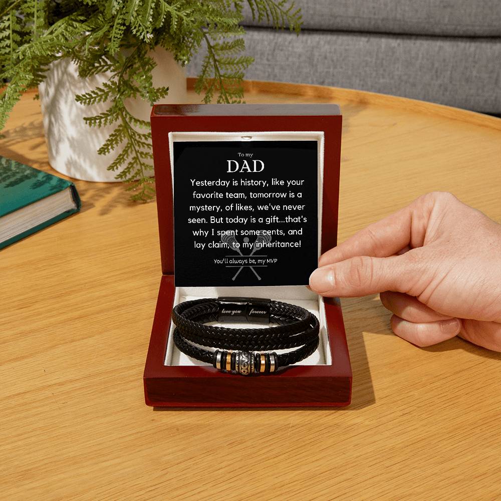 Stylish Personalized Dad Birthday Gift - Engraved Stainless Steel and Leather Bracelet with Heartfelt Message - Surprise Your Dad with a Unique Lacrosse and Humorous Present on His Special Day!,