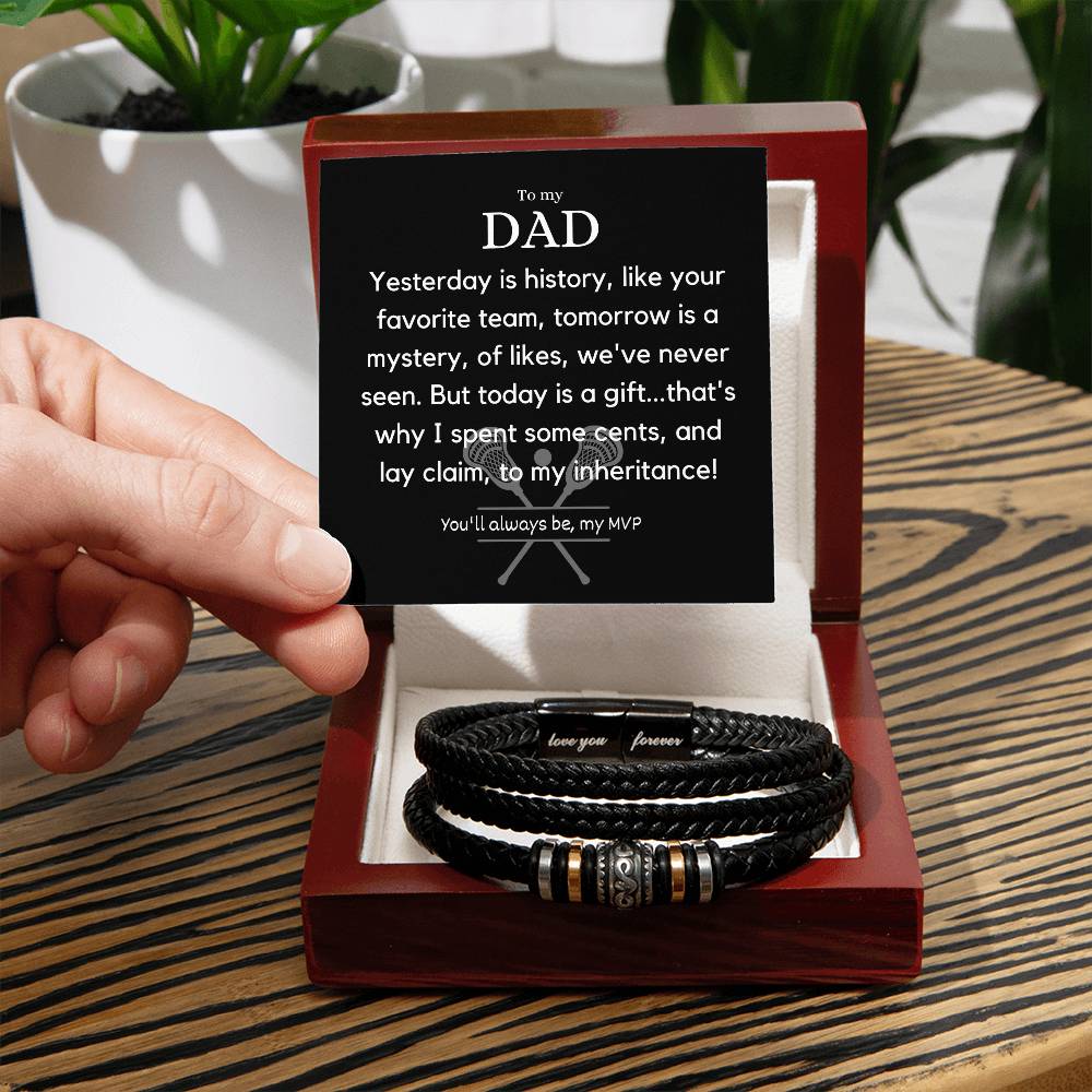Stylish Personalized Dad Birthday Gift - Engraved Stainless Steel and Leather Bracelet with Heartfelt Message - Surprise Your Dad with a Unique Lacrosse and Humorous Present on His Special Day!,