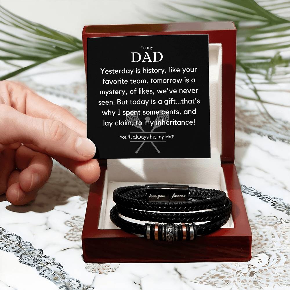 Stylish Personalized Dad Birthday Gift - Engraved Stainless Steel and Leather Bracelet with Heartfelt Message - Surprise Your Dad with a Unique Lacrosse and Humorous Present on His Special Day!,