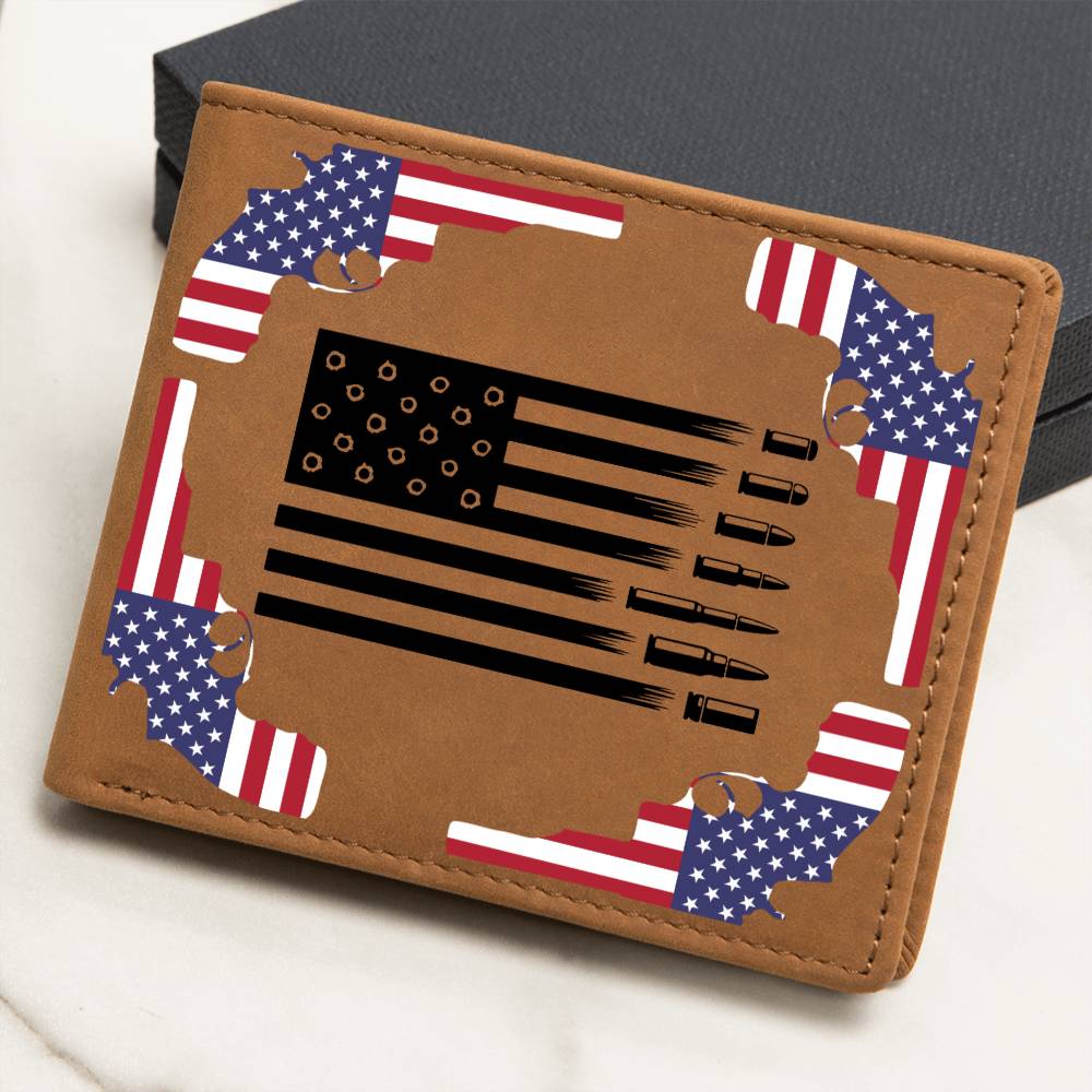 Guns, Bullets and the USA Flag on a genuine leather wallet, Great 4th July Gift, patriotic gifts, Armed Forces or Birthday