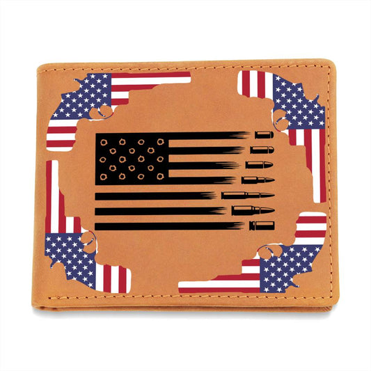 Guns, Bullets and the USA Flag on a genuine leather wallet, Great 4th July Gift, patriotic gifts, Armed Forces or Birthday