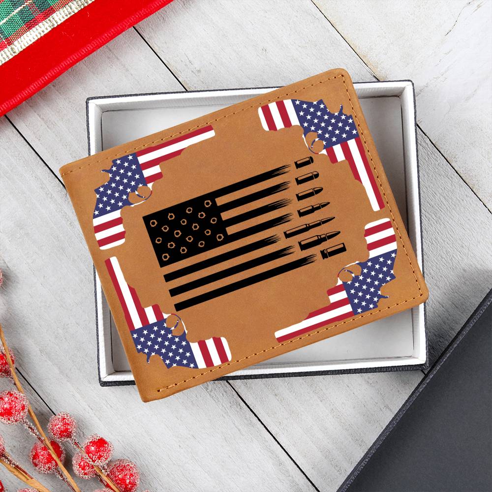 Guns, Bullets and the USA Flag on a genuine leather wallet, Great 4th July Gift, patriotic gifts, Armed Forces or Birthday