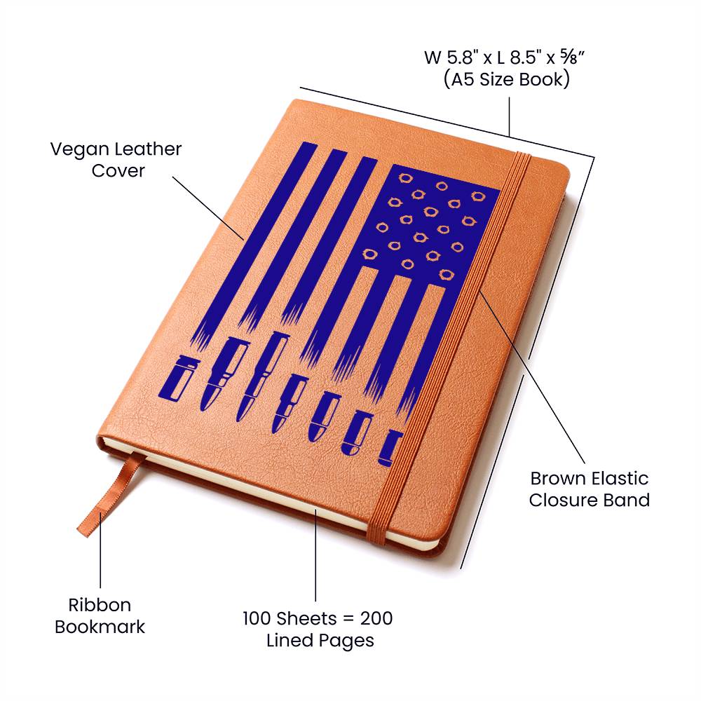 This American flag journal with bullet holes in blue on a vegan leather 100 page, lined journal may just be the best gift ever