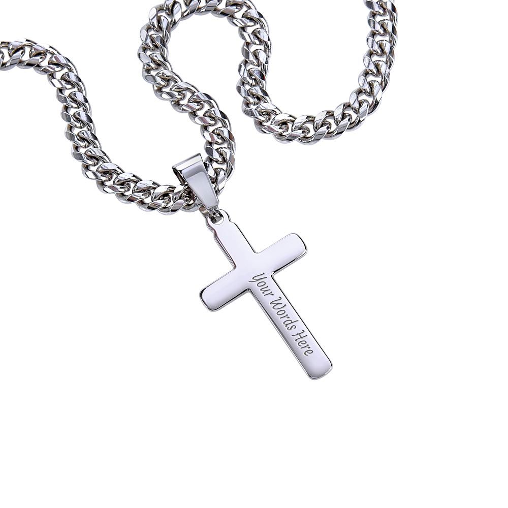 Stainless Steel Cross on Cuban Necklace, engrave the Cross with Personalized Words