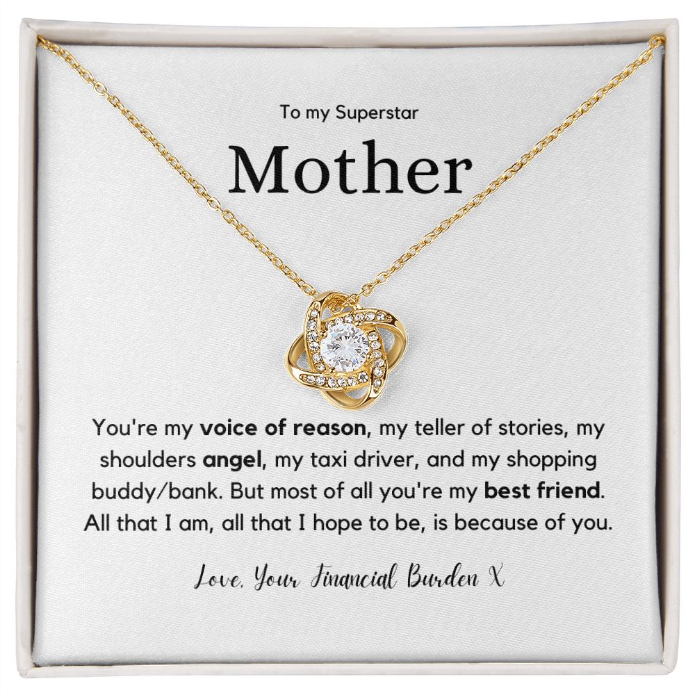 Superstar Mother - 14K White or 18K Yellow Gold over stainless steel Love Knot Pendant and Necklace