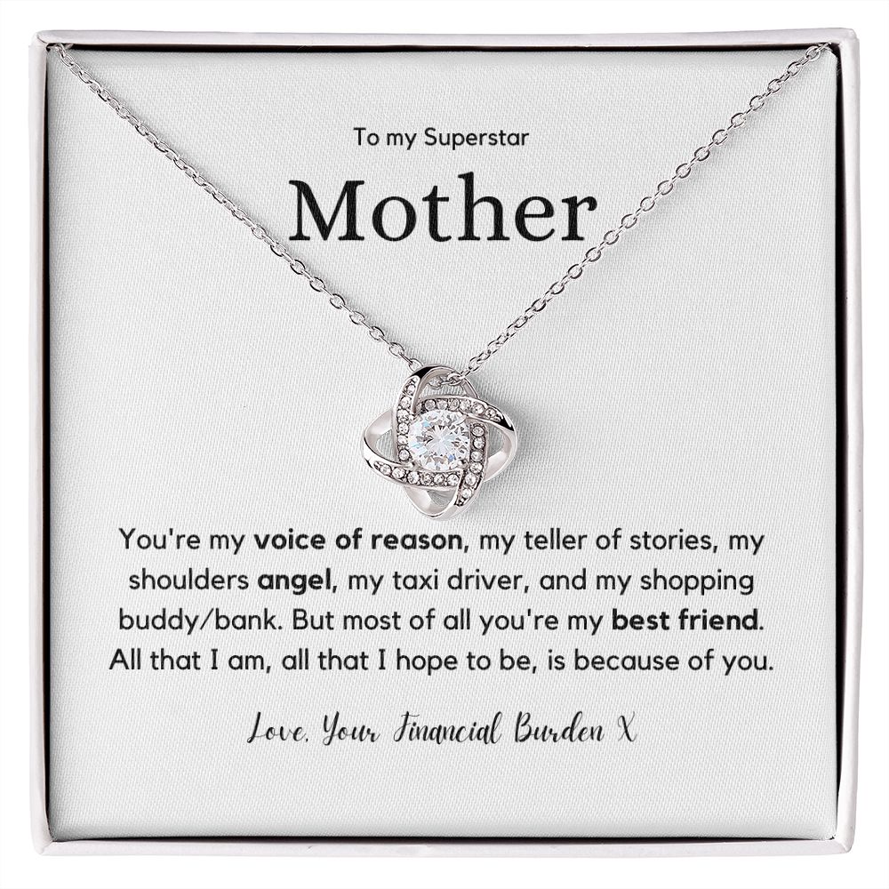 Superstar Mother - 14K White or 18K Yellow Gold over stainless steel Love Knot Pendant and Necklace