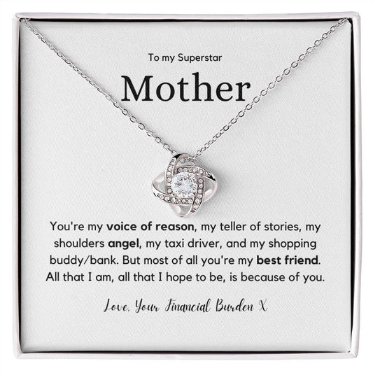 Superstar Mother - 14K White or 18K Yellow Gold over stainless steel Love Knot Pendant and Necklace