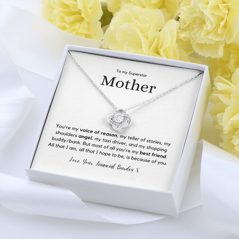 Superstar Mother - 14K White or 18K Yellow Gold over stainless steel Love Knot Pendant and Necklace