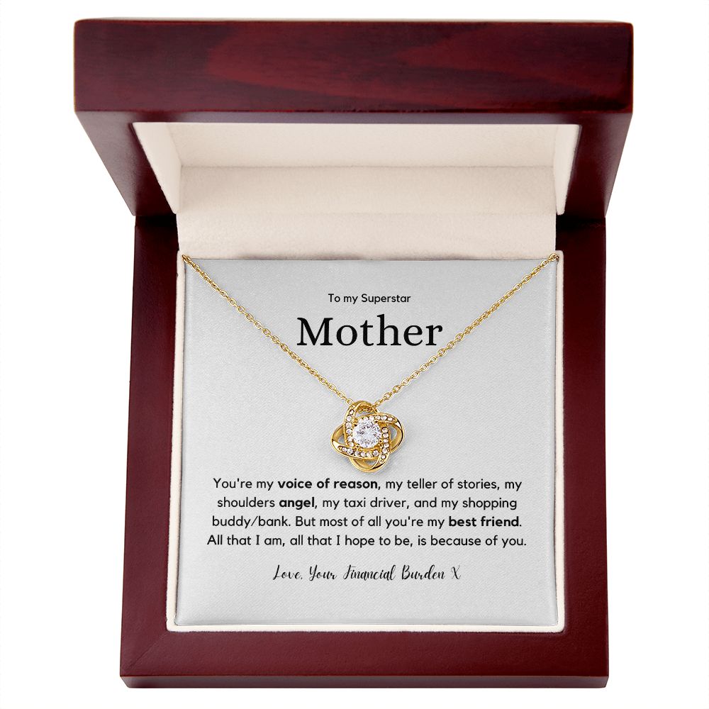 Superstar Mother - 14K White or 18K Yellow Gold over stainless steel Love Knot Pendant and Necklace