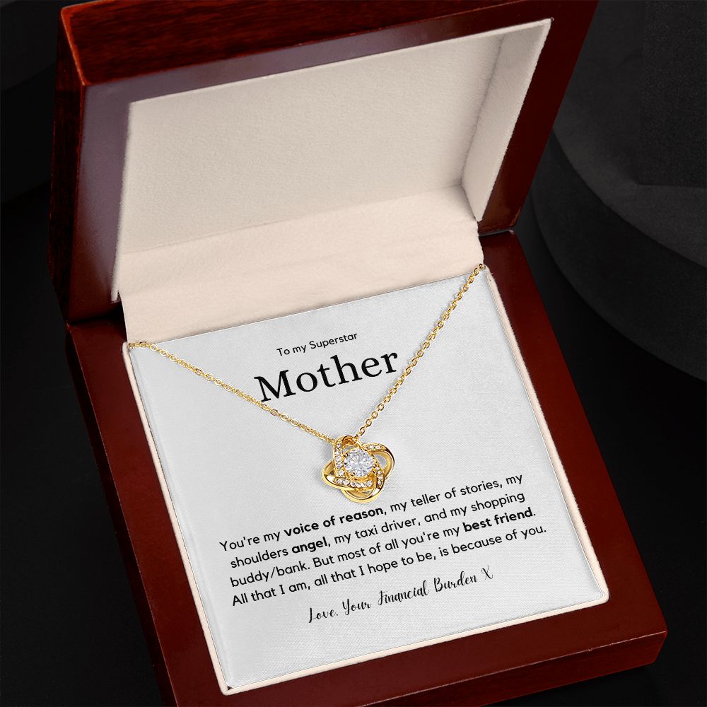 Superstar Mother - 14K White or 18K Yellow Gold over stainless steel Love Knot Pendant and Necklace