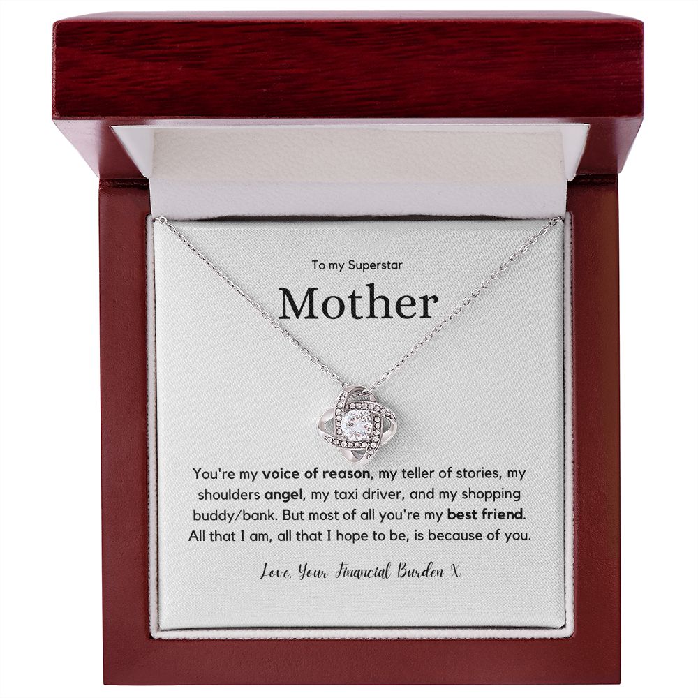 Superstar Mother - 14K White or 18K Yellow Gold over stainless steel Love Knot Pendant and Necklace