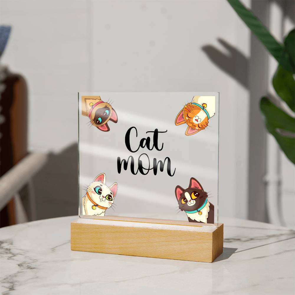 Cat Mom multi LED acrylic and wood keepsake