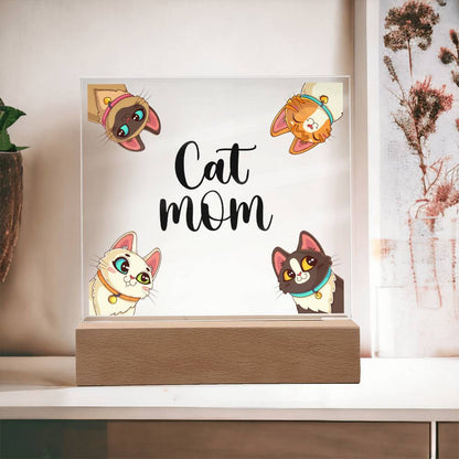 Cat Mom multi LED acrylic and wood keepsake