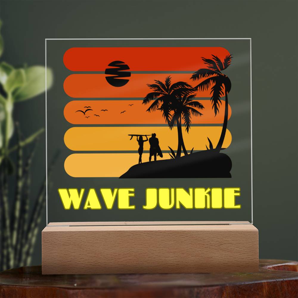 Wave Junkie - Beach, Sun, Sand and Surf Themed LED Acrylic Plaque | Vibrant Keepsake for Your Bar, TV room, Porch