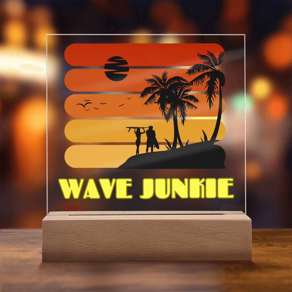 Wave Junkie - Beach, Sun, Sand and Surf Themed LED Acrylic Plaque | Vibrant Keepsake for Your Bar, TV room, Porch