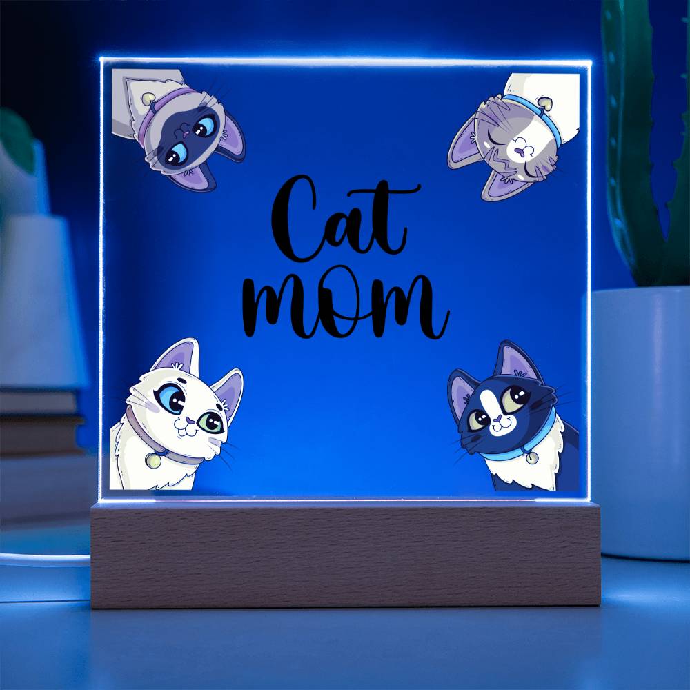 Cat Mom multi LED acrylic and wood keepsake