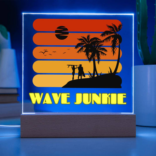 Wave Junkie - Beach, Sun, Sand and Surf Themed LED Acrylic Plaque | Vibrant Keepsake for Your Bar, TV room, Porch