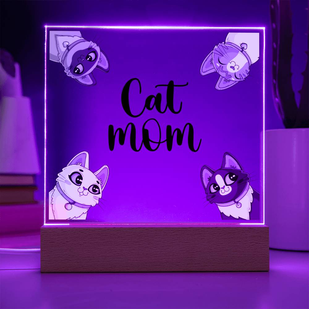 Cat Mom multi LED acrylic and wood keepsake