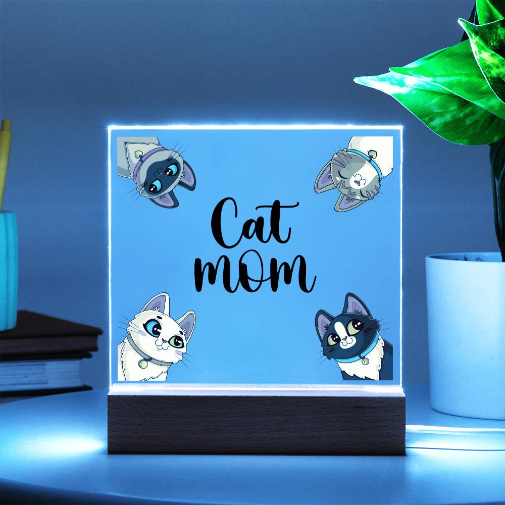 Cat Mom multi LED acrylic and wood keepsake