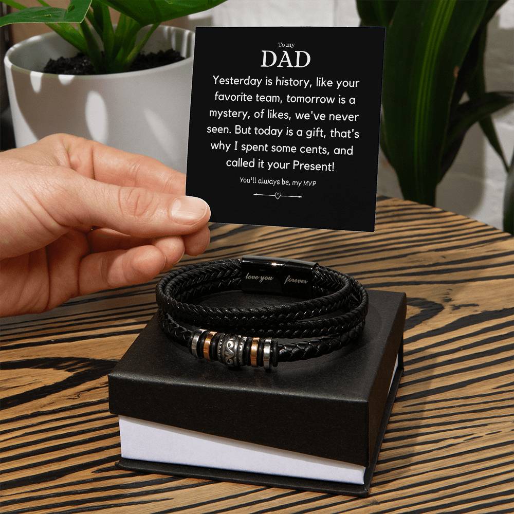 Meaningful Fathers Day Gift - Dad Stainless Steel Bracelet with Engraved Inspirational Quote and Leather Strap - A Heartfelt Gift for Your Beloved Dad