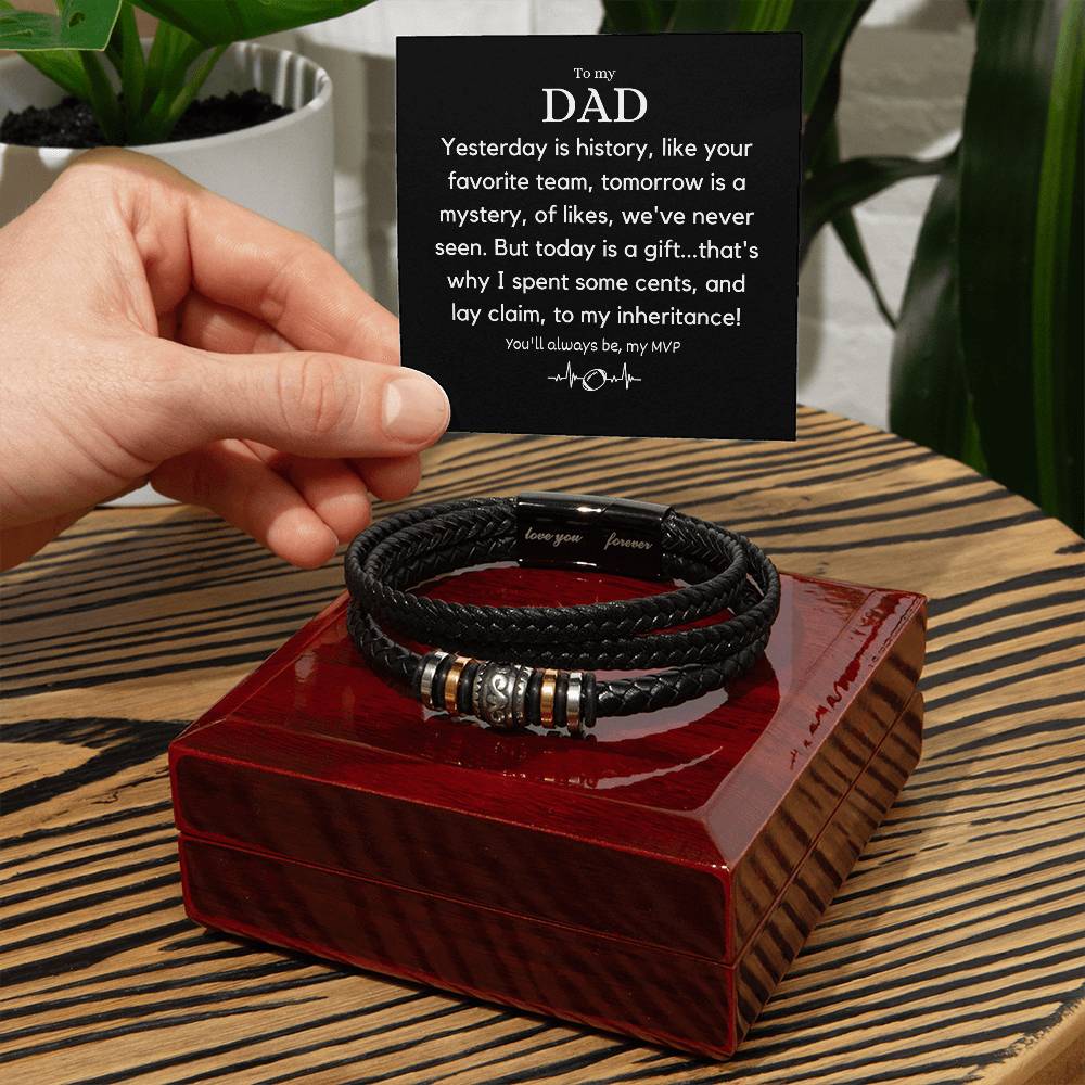 Fathers Day Gift - Dad Stainless Steel Bracelet with Engraved Quote and Vegan Leather Strap - A Heartfelt Gift for Your Football Mad Dad