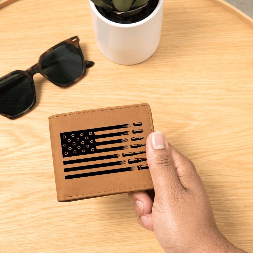 Custom Leather Wallet - Personalized Wallet with USA Flag with Bullets Design - Patriotic Gift for 4th July or Any Occasion