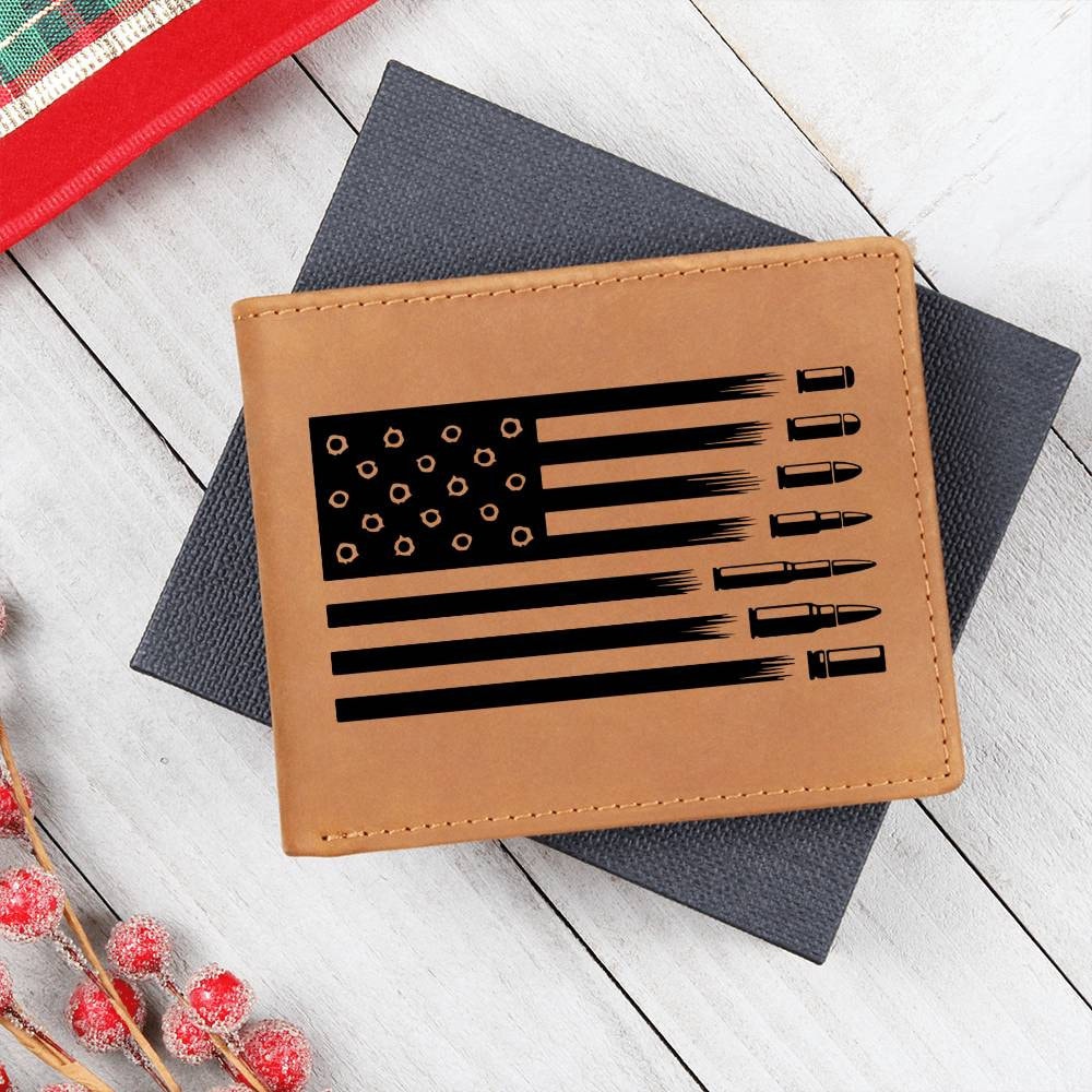 Custom Leather Wallet - Personalized Wallet with USA Flag with Bullets Design - Patriotic Gift for 4th July or Any Occasion