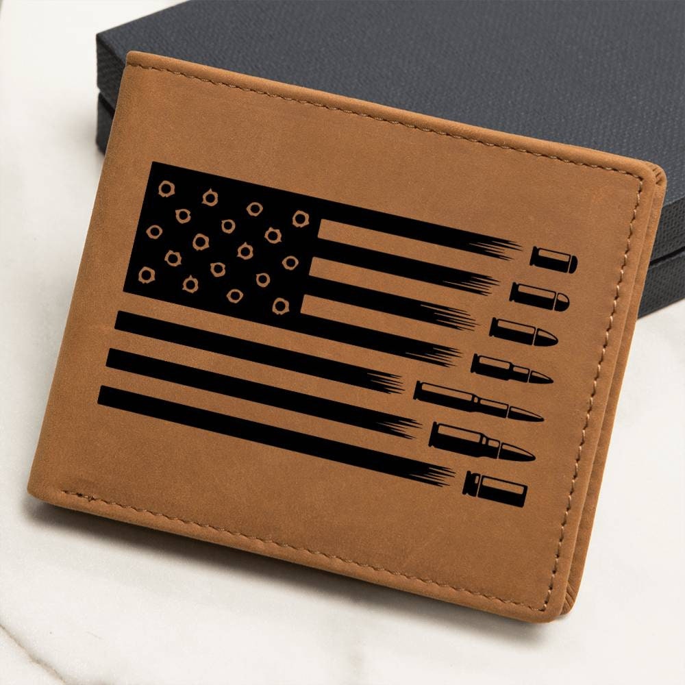 Custom Leather Wallet - Personalized Wallet with USA Flag with Bullets Design - Patriotic Gift for 4th July or Any Occasion