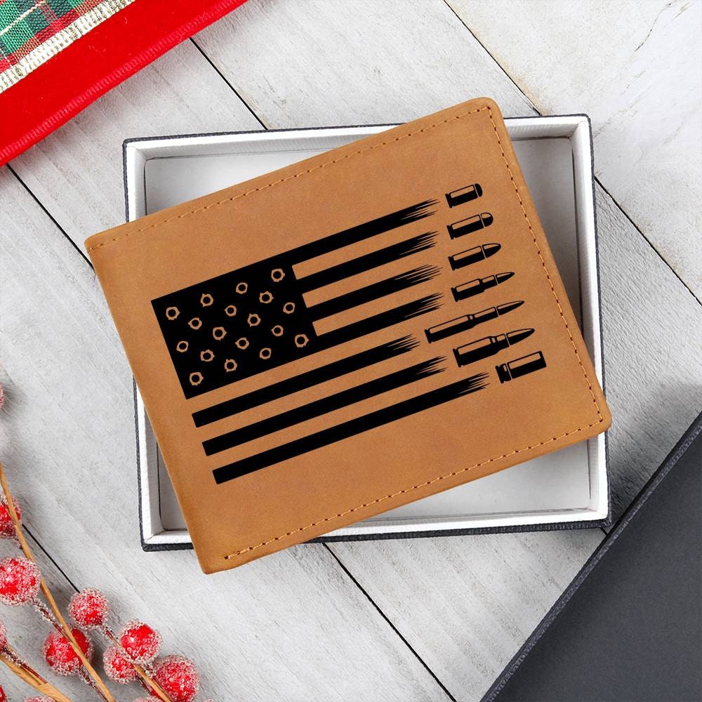 Custom Leather Wallet - Personalized Wallet with USA Flag with Bullets Design - Patriotic Gift for 4th July or Any Occasion